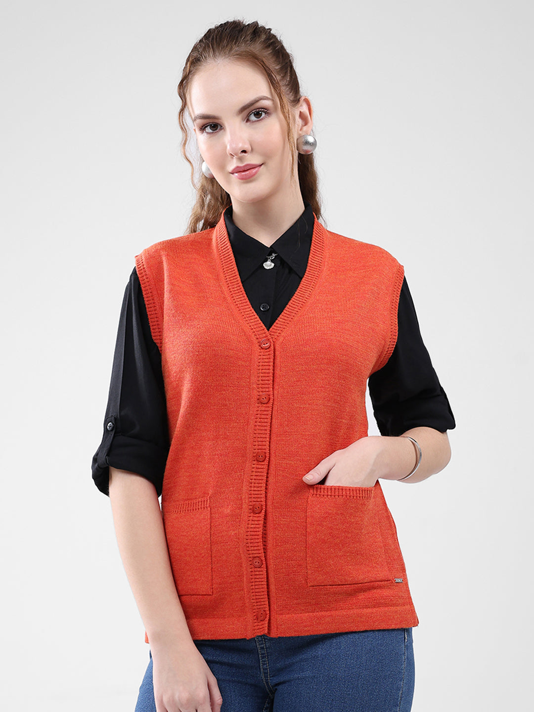 Women Orange Solid V Neck Sleeveless Cardigan