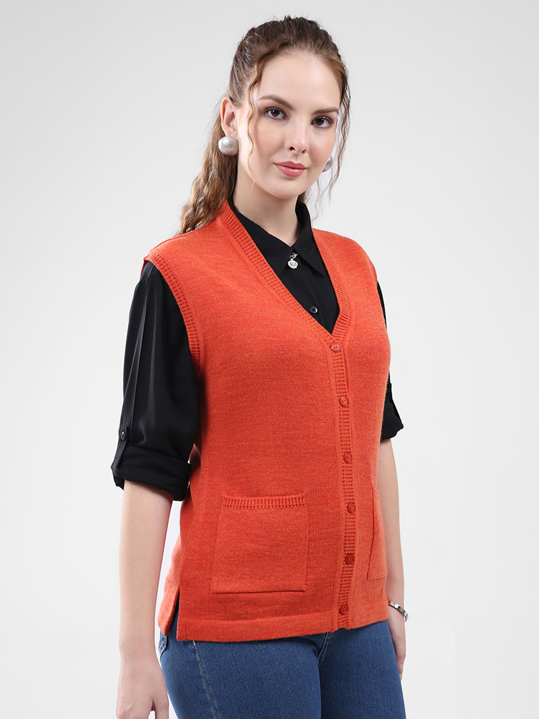 Women Orange Solid V Neck Sleeveless Cardigan