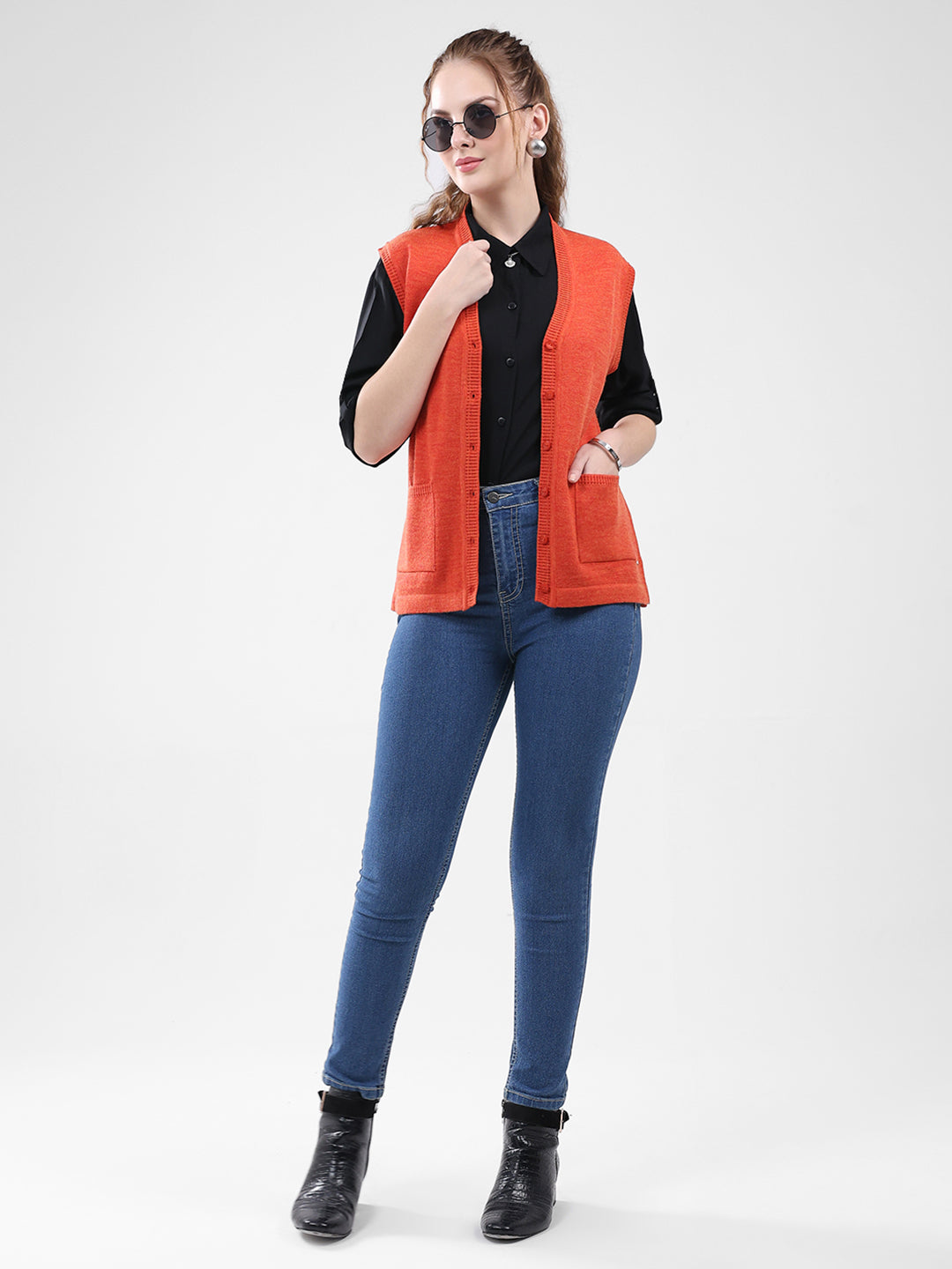 Women Orange Solid V Neck Sleeveless Cardigan