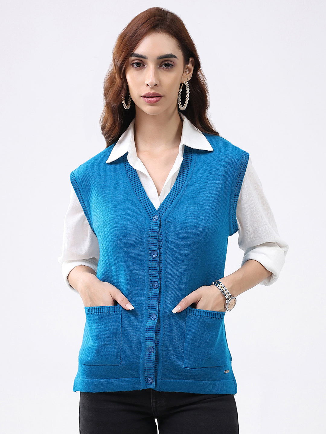 Women Turquoise Blue Solid V Neck Sleeveless Cardigan