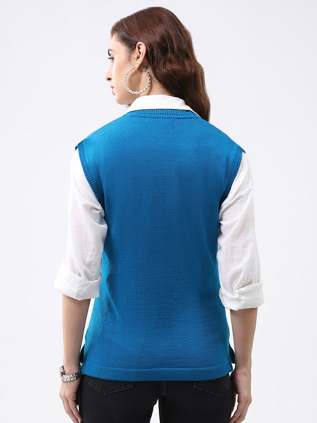 Women Turquoise Blue Solid V Neck Sleeveless Cardigan
