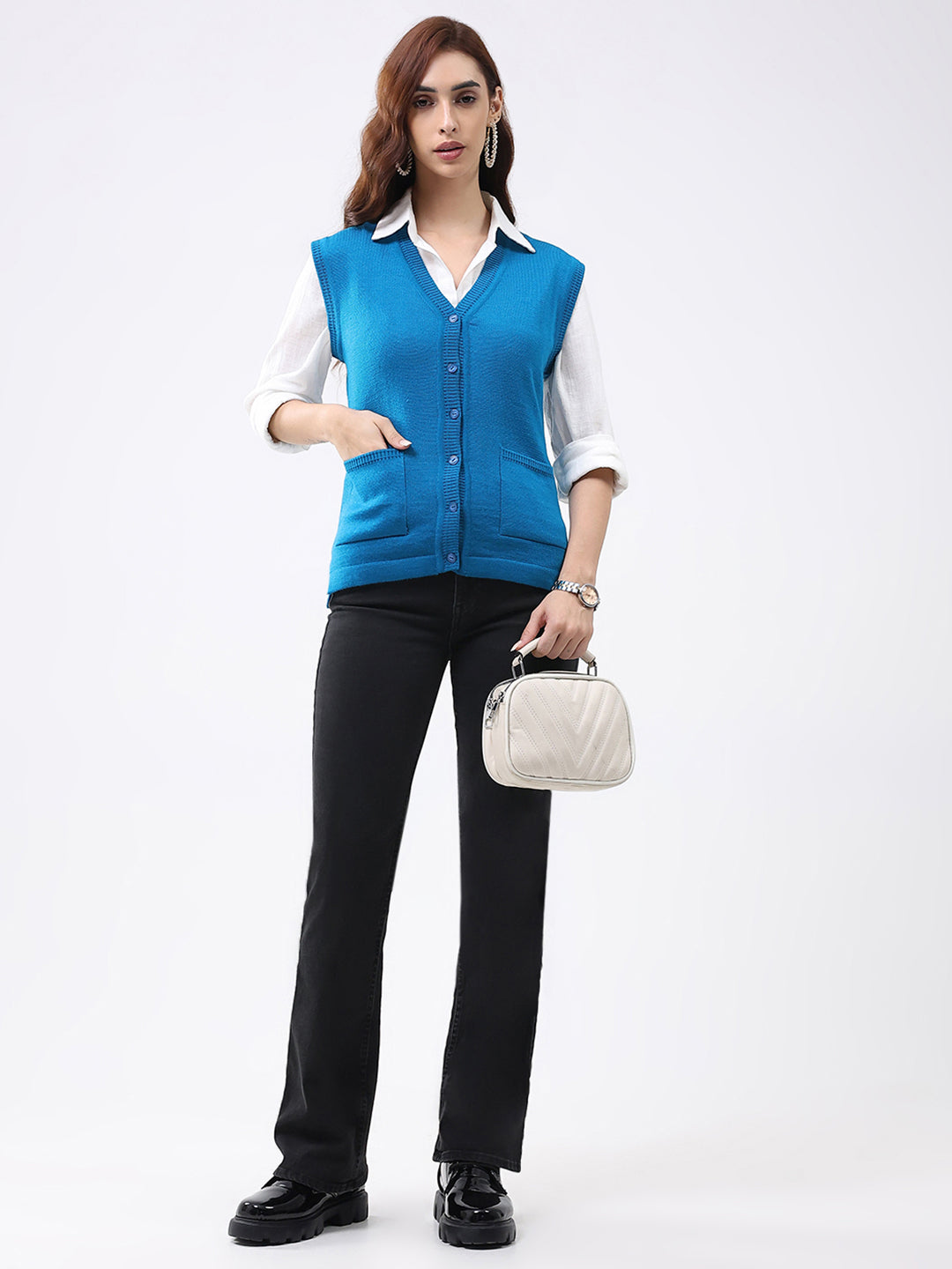 Women Turquoise Blue Solid V Neck Sleeveless Cardigan