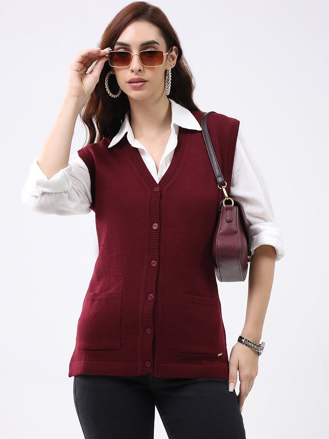 Women Maroon Solid V Neck Sleeveless Cardigan