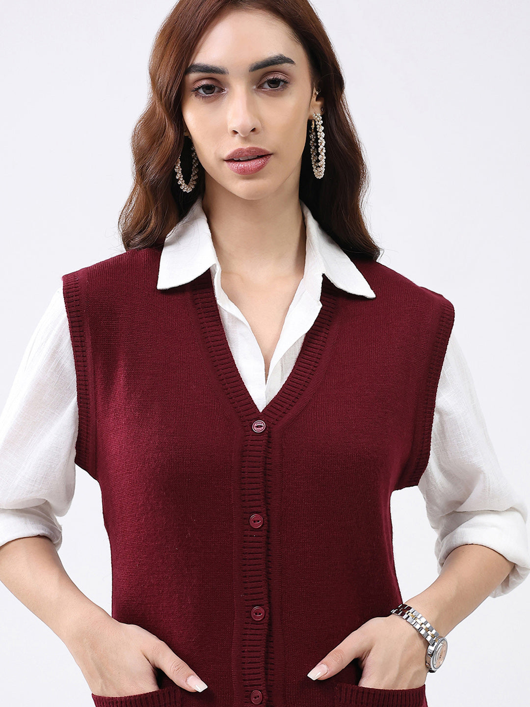 Women Maroon Solid V Neck Sleeveless Cardigan