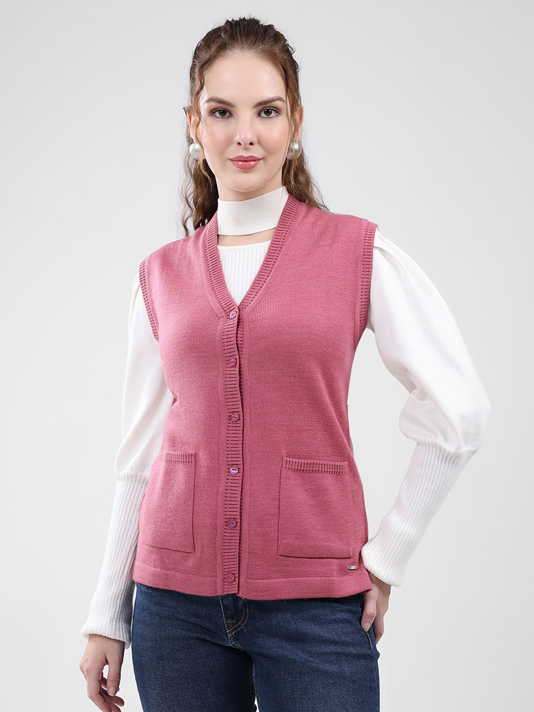 Women Pink Solid V Neck Sleeveless Cardigan