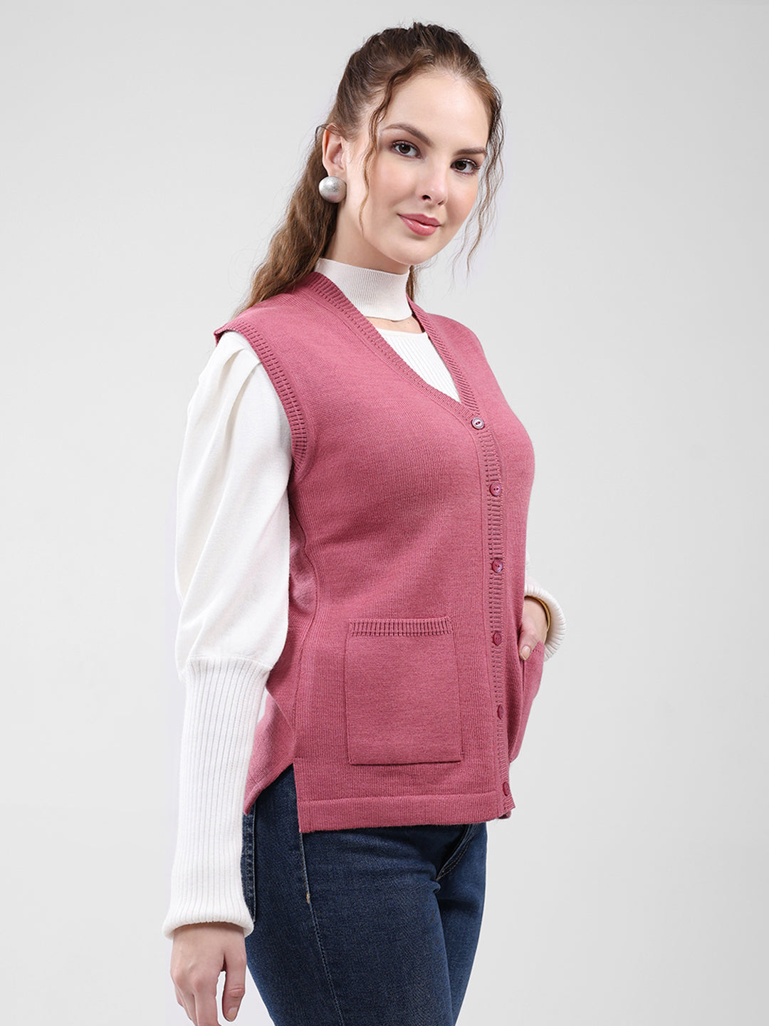 Women Pink Solid V Neck Sleeveless Cardigan