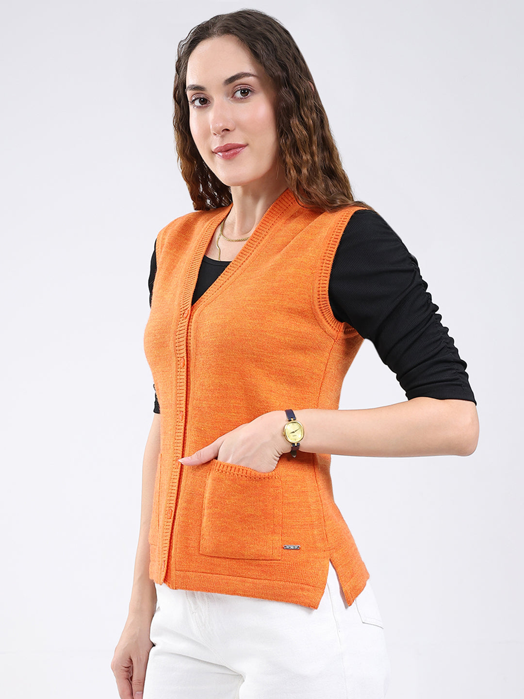 Women Orange Solid V Neck Sleeveless Cardigan