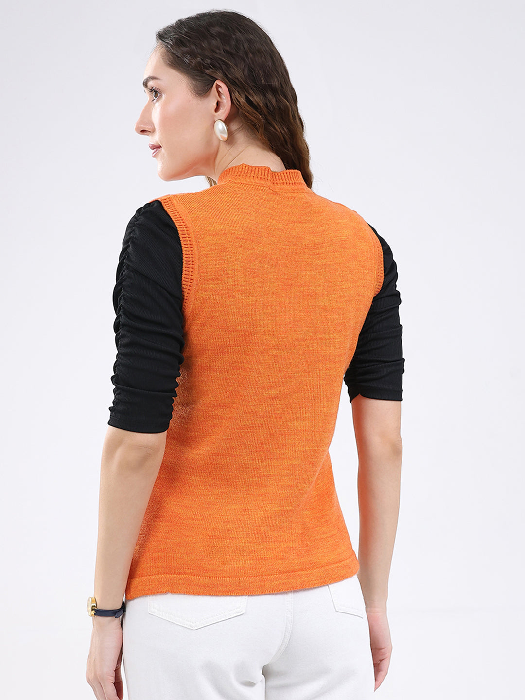 Women Orange Solid V Neck Sleeveless Cardigan