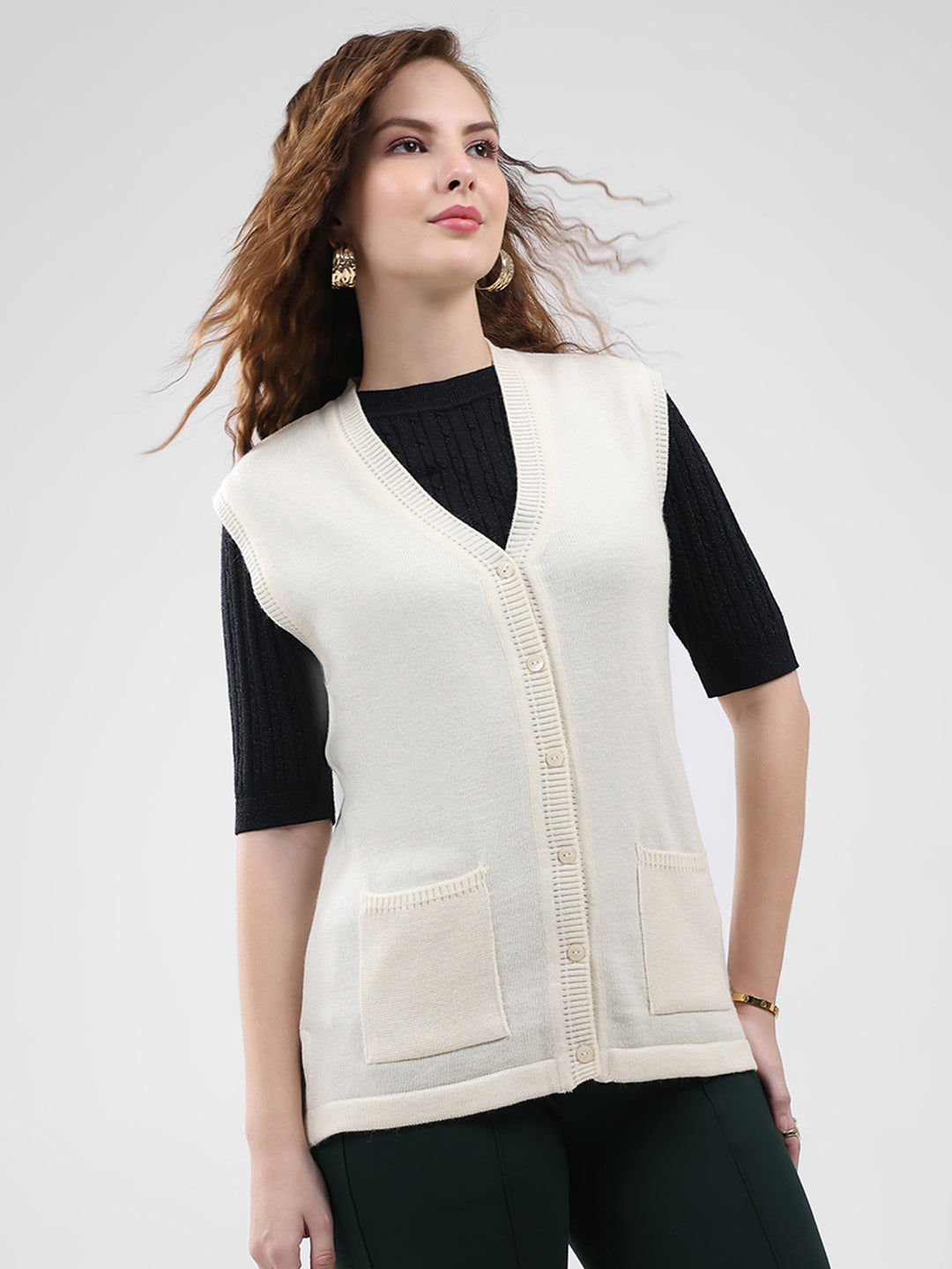 Women Cream Solid V Neck Sleeveless Cardigan