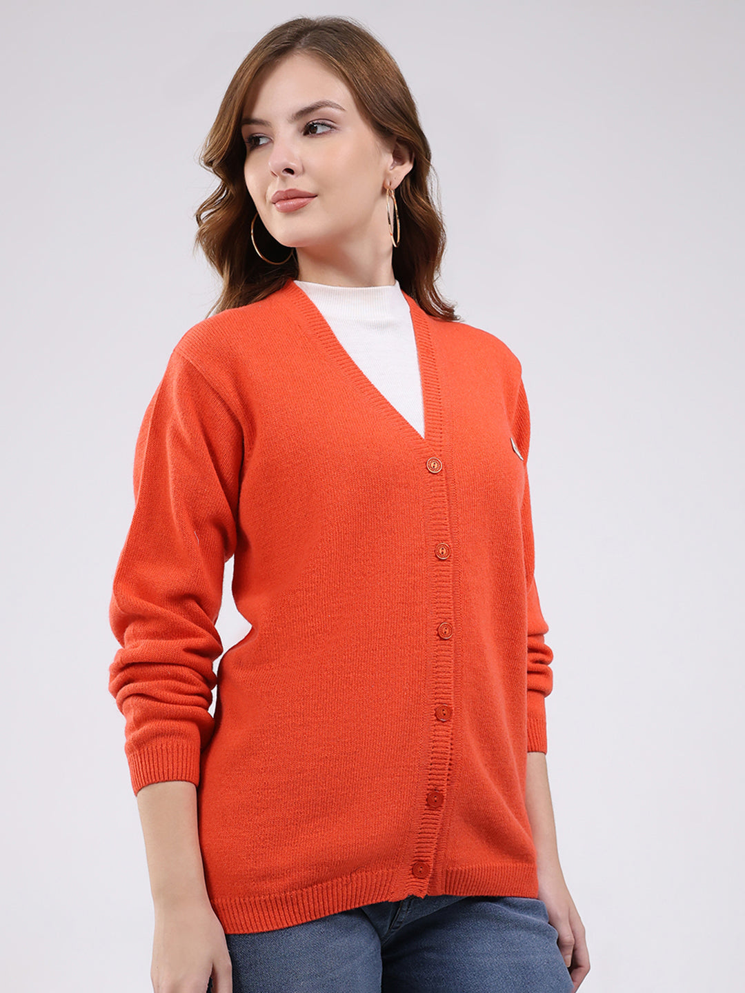 Women Orange Solid V Neck Full Sleeve Cardigan