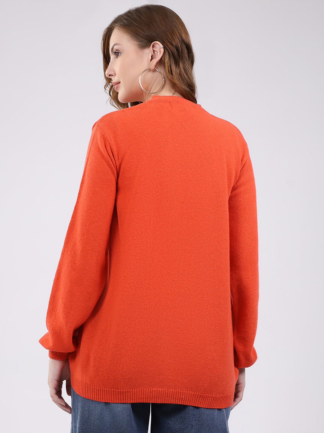 Women Orange Solid V Neck Full Sleeve Cardigan