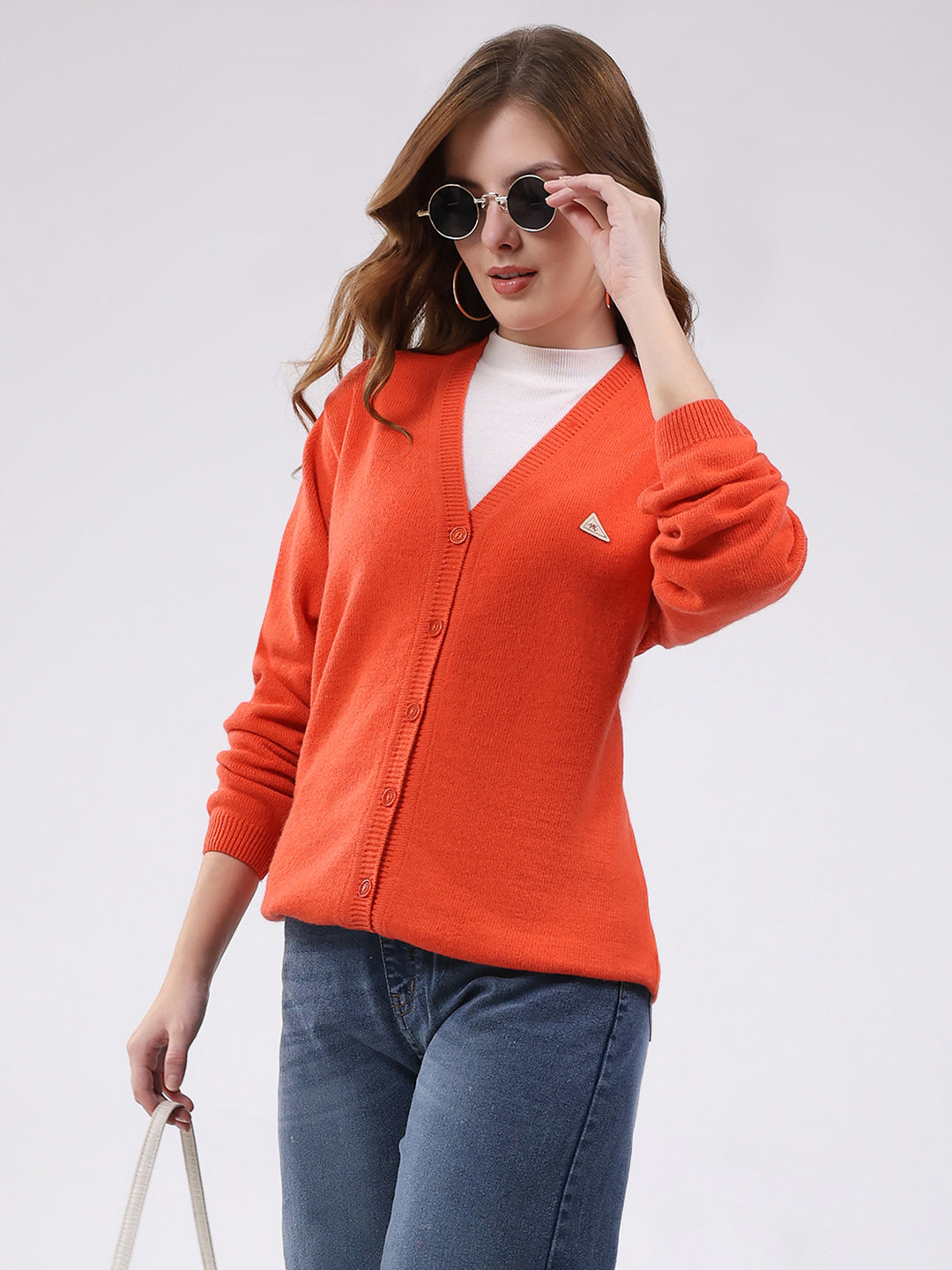 Women Orange Solid V Neck Full Sleeve Cardigan