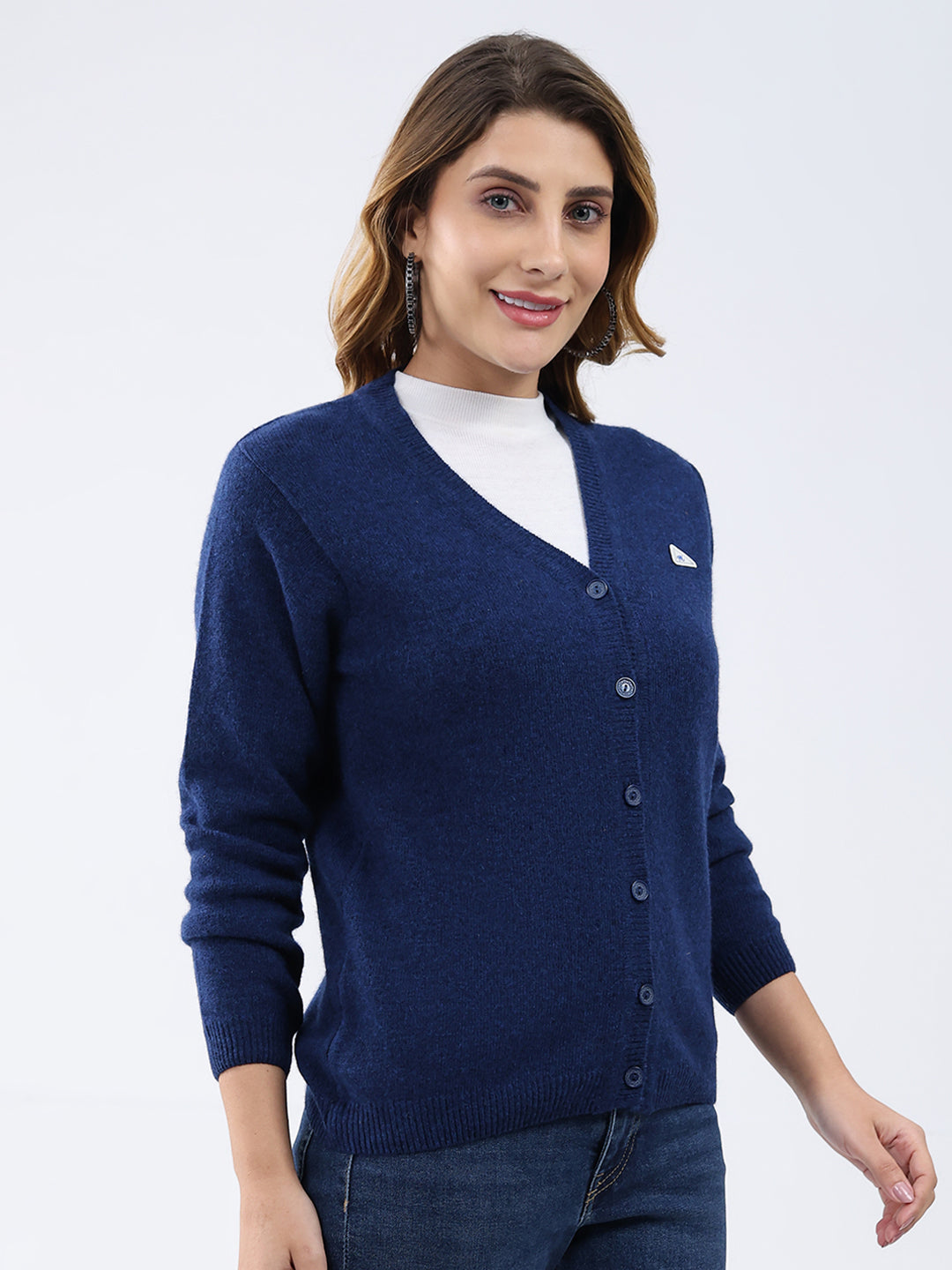 Women Dark Blue Solid V Neck Full Sleeve Cardigan