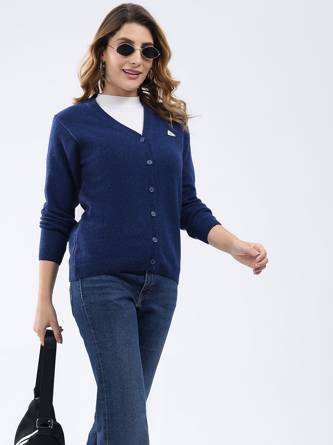 Women Dark Blue Solid V Neck Full Sleeve Cardigan