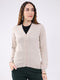 Women Beige Solid V Neck Full Sleeve Cardigan