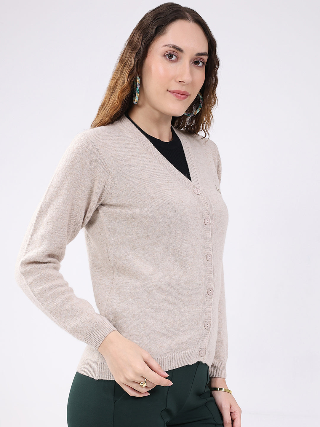 Women Beige Solid V Neck Full Sleeve Cardigan