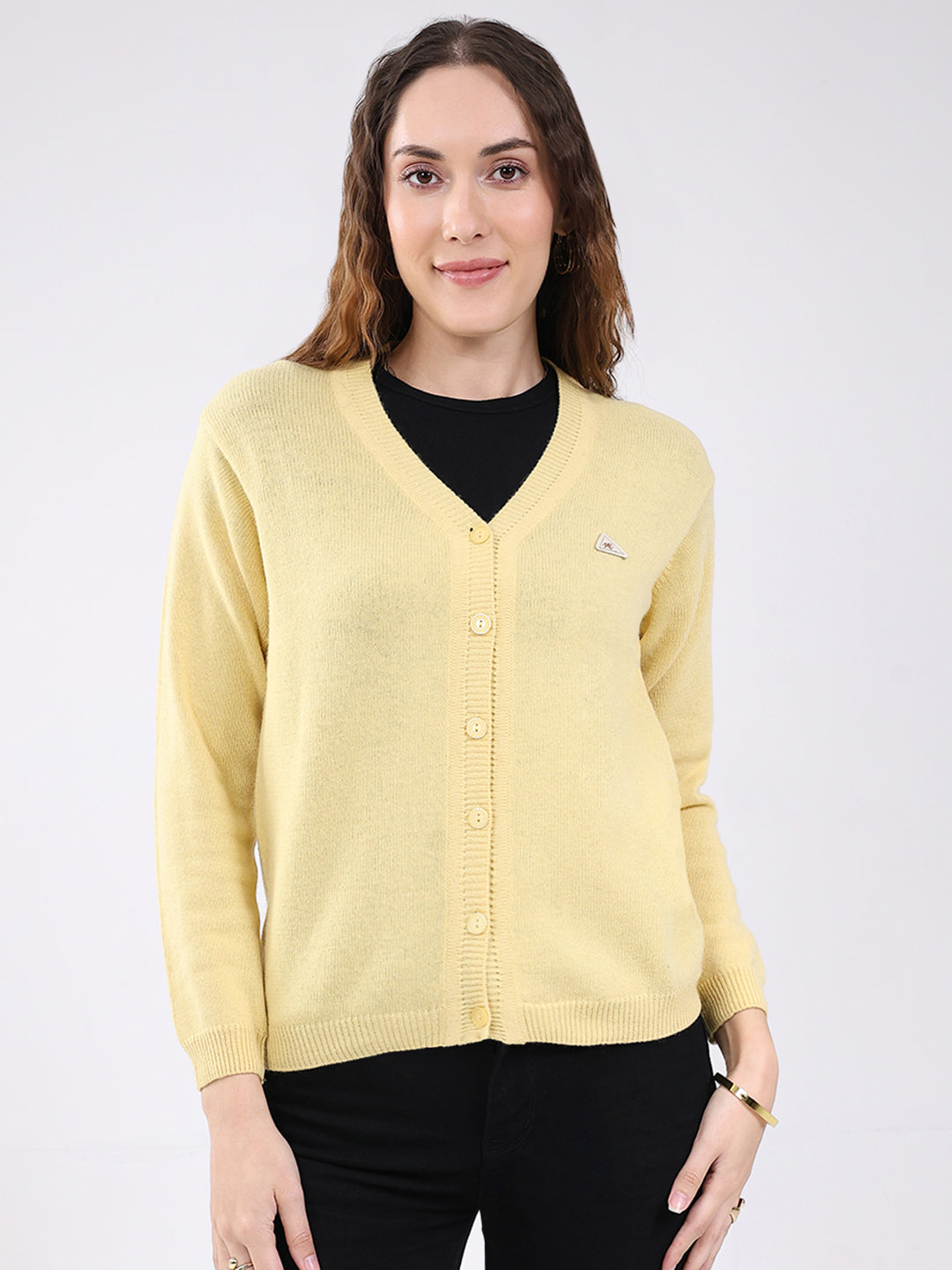 Women Peach Solid V Neck Full Sleeve Cardigan