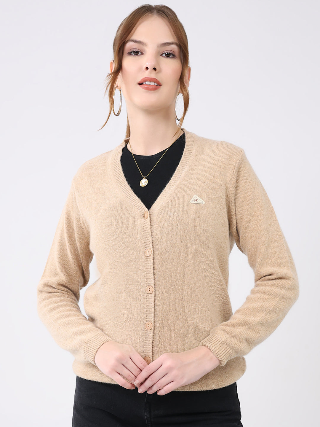 Women Beige Solid V Neck Full Sleeve Cardigan