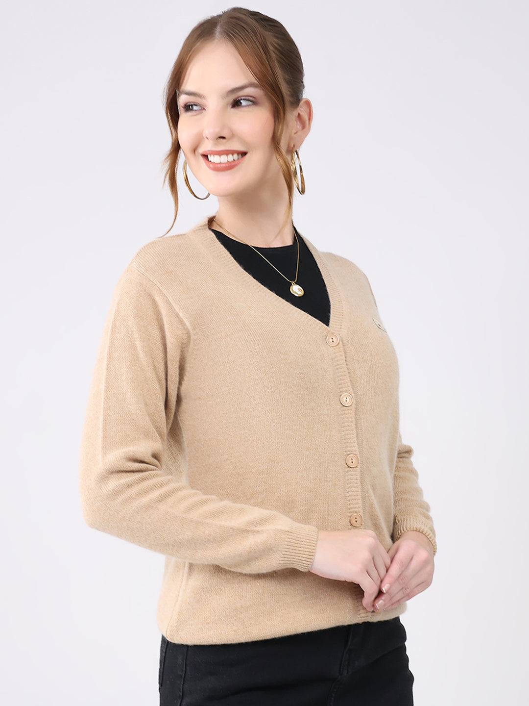 Women Beige Solid V Neck Full Sleeve Cardigan