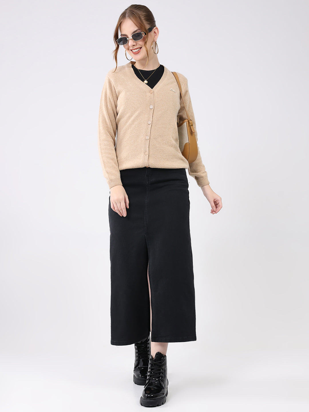 Women Beige Solid V Neck Full Sleeve Cardigan