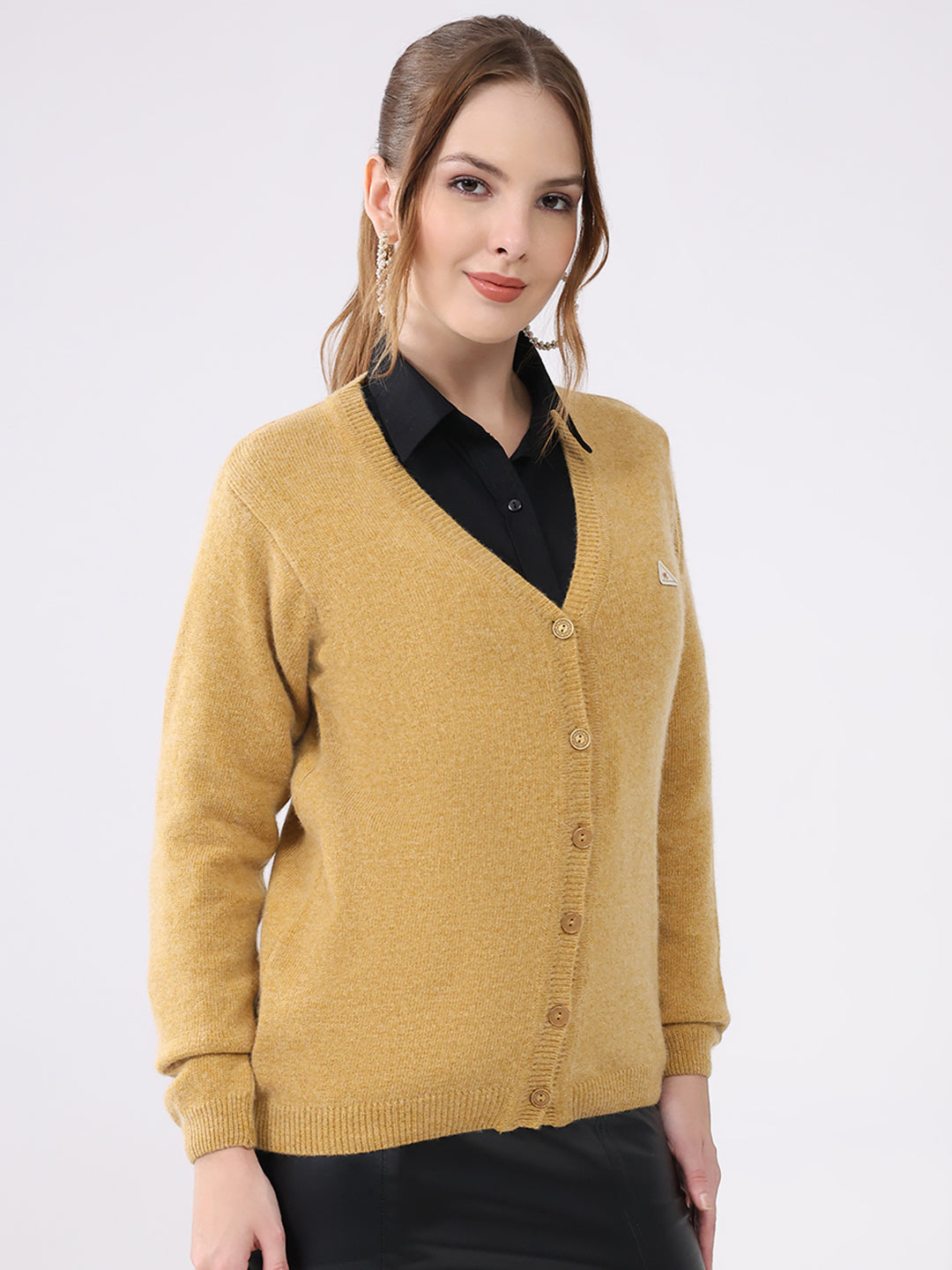 Women Khaki Solid V Neck Full Sleeve Cardigan
