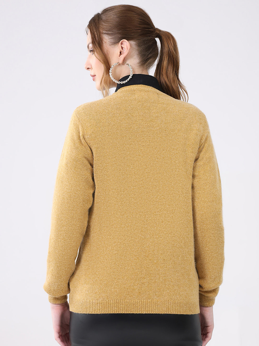 Women Khaki Solid V Neck Full Sleeve Cardigan