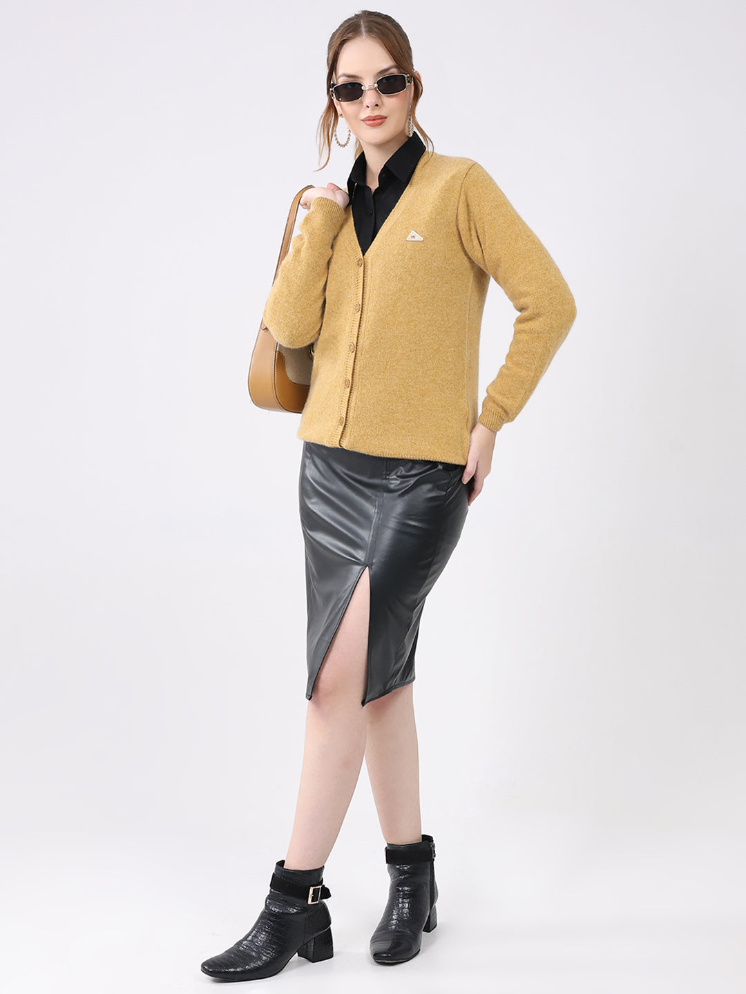 Women Khaki Solid V Neck Full Sleeve Cardigan