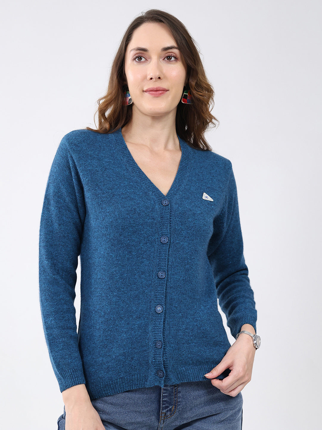 Women Blue Solid V Neck Full Sleeve Cardigan