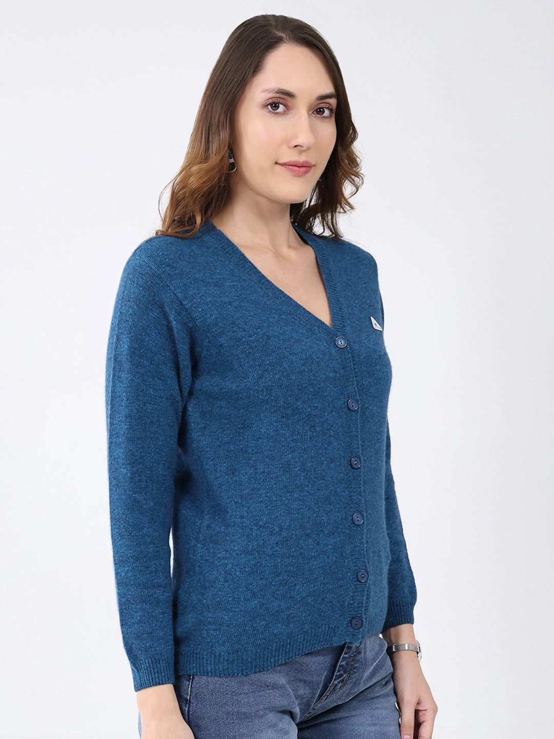 Women Blue Solid V Neck Full Sleeve Cardigan