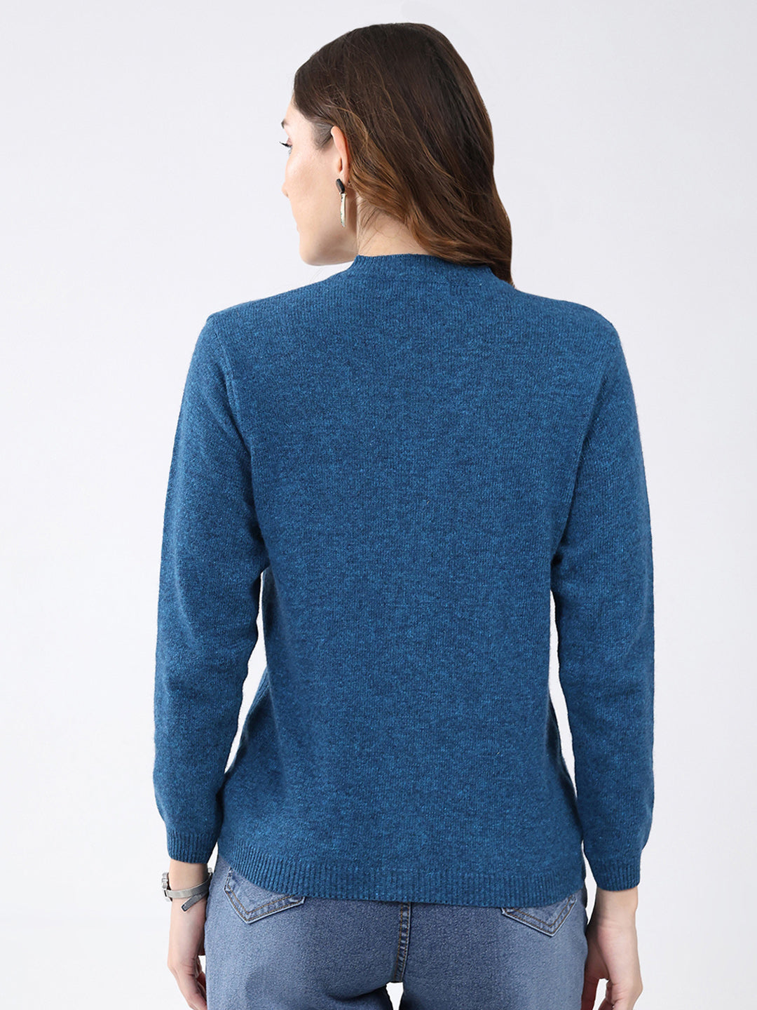 Women Blue Solid V Neck Full Sleeve Cardigan