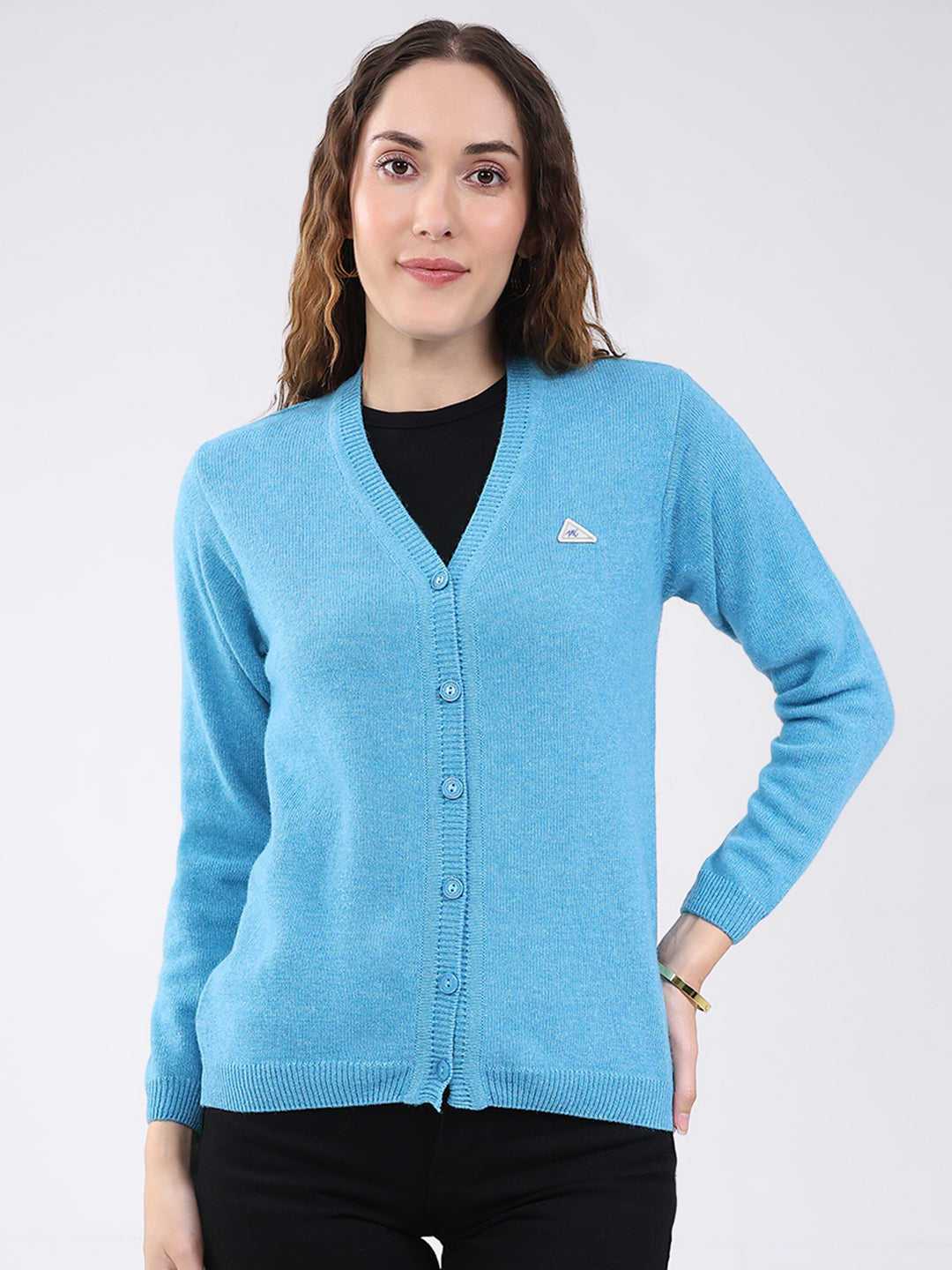Women Blue Solid V Neck Full Sleeve Cardigan