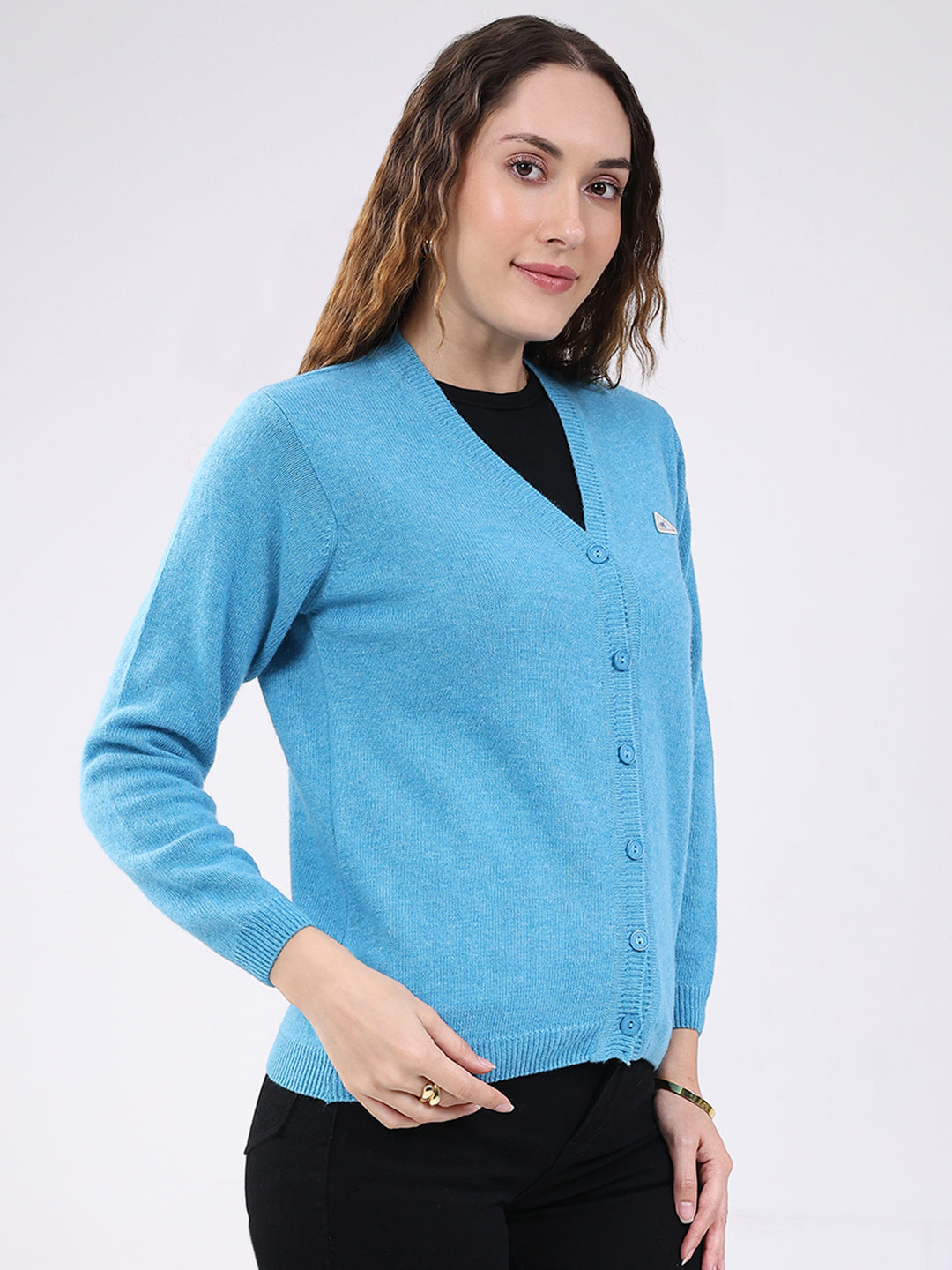 Women Blue Solid V Neck Full Sleeve Cardigan