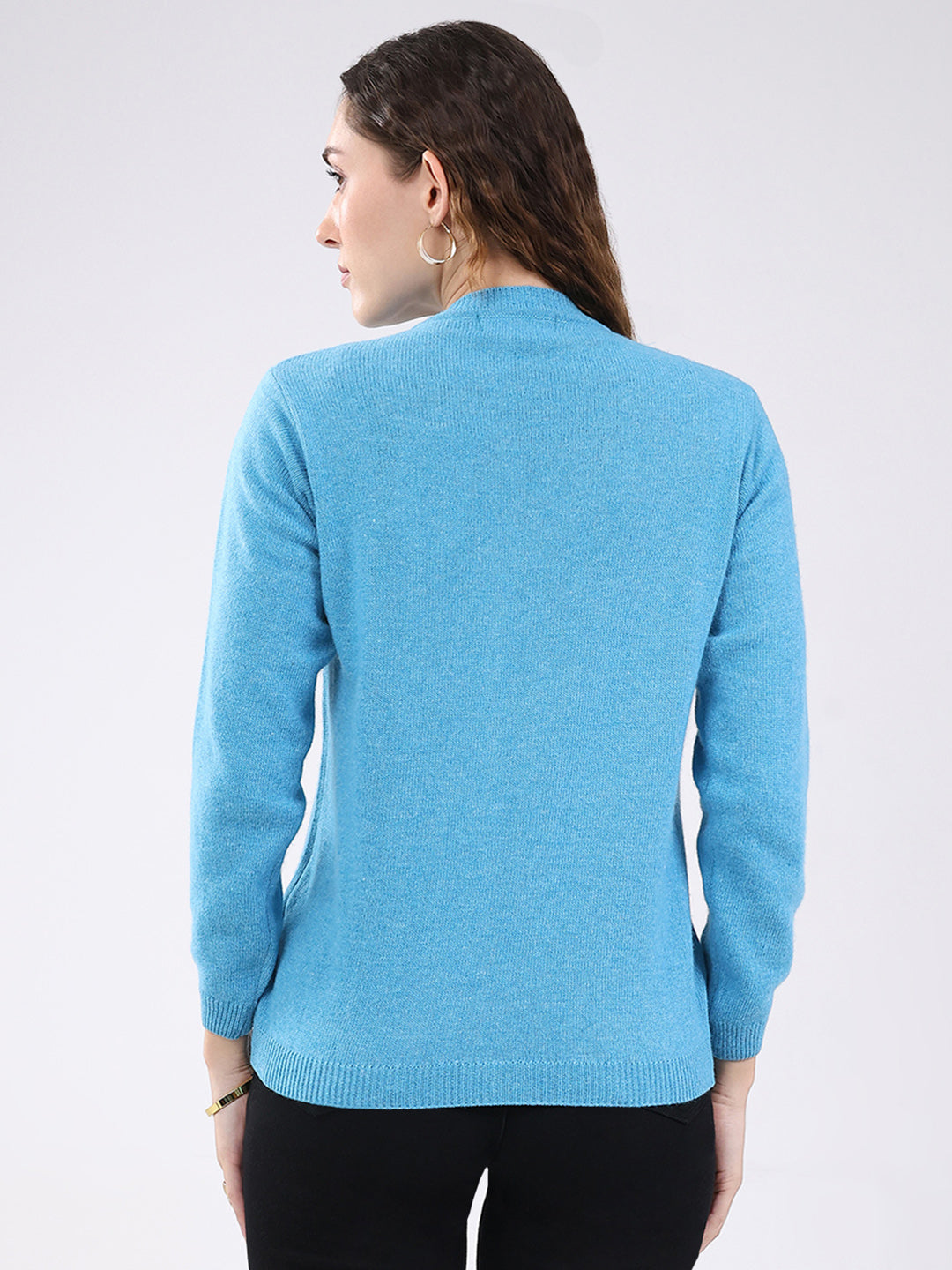 Women Blue Solid V Neck Full Sleeve Cardigan