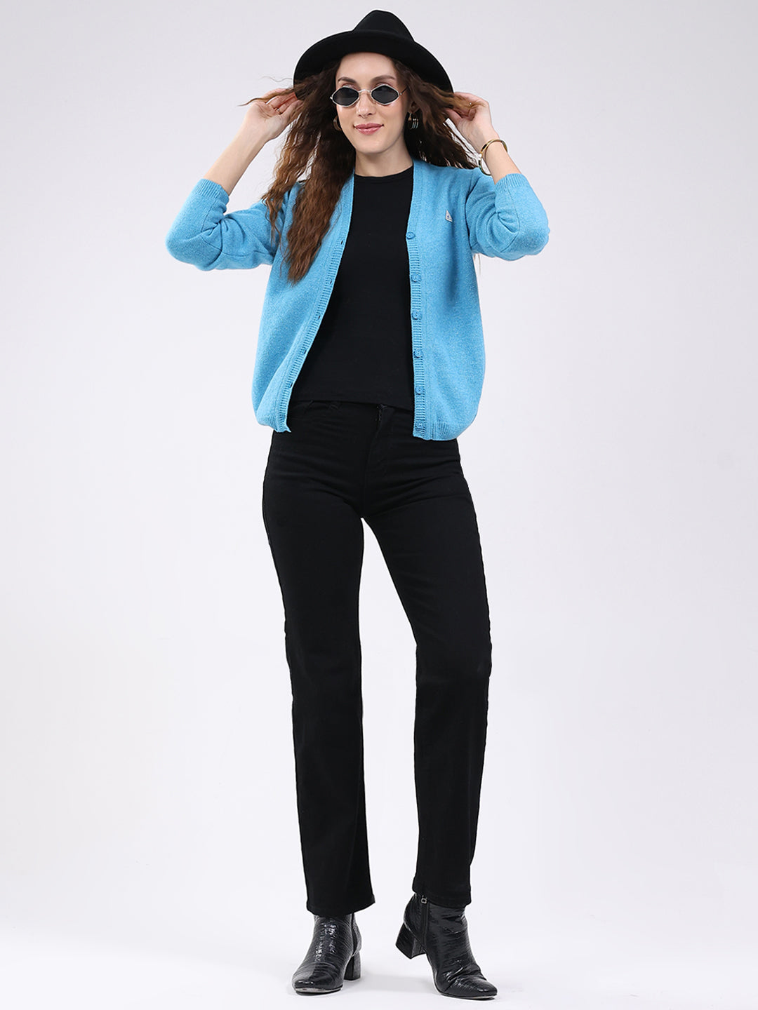 Women Blue Solid V Neck Full Sleeve Cardigan