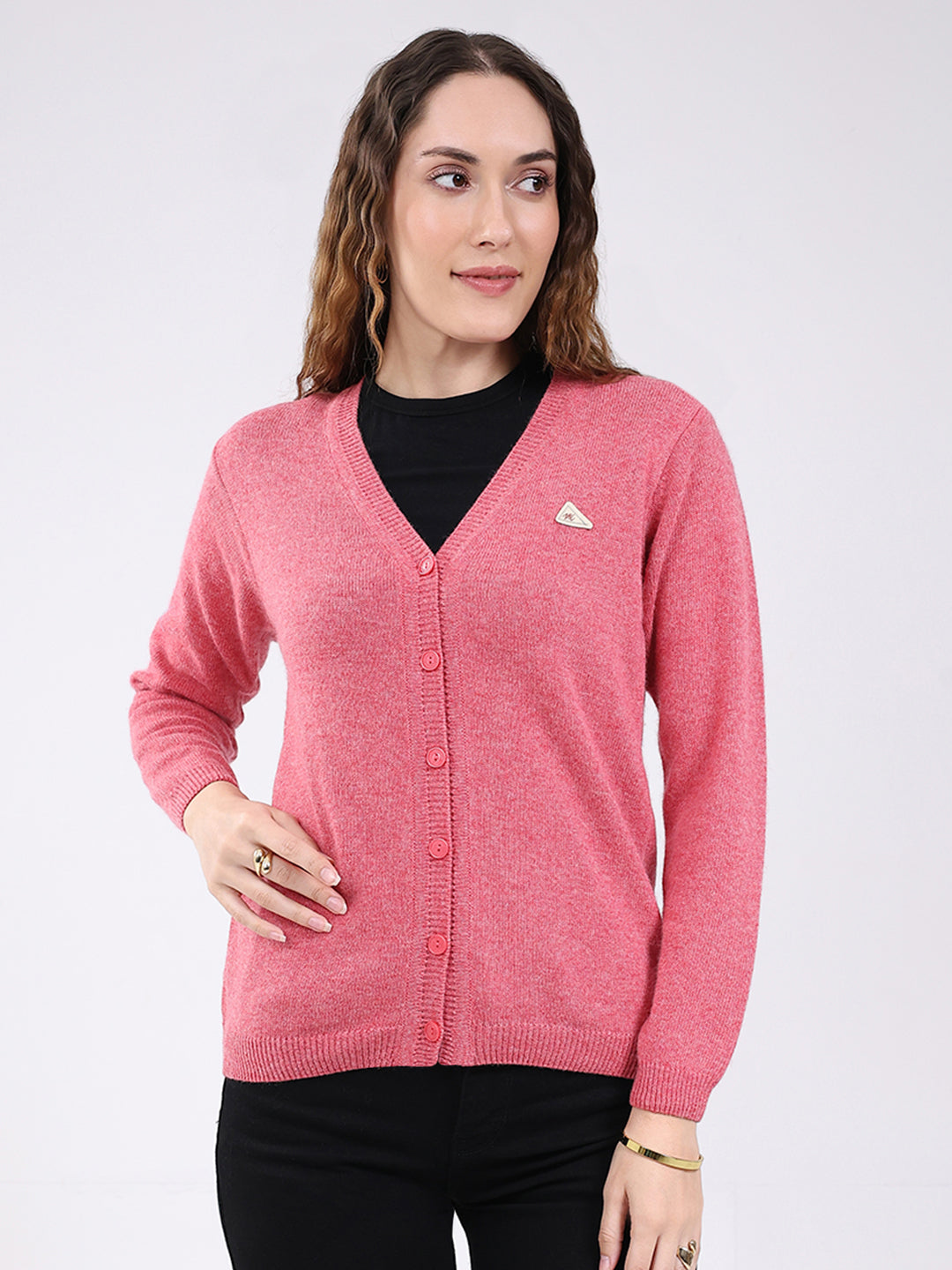 Women Pink Solid V Neck Full Sleeve Cardigan