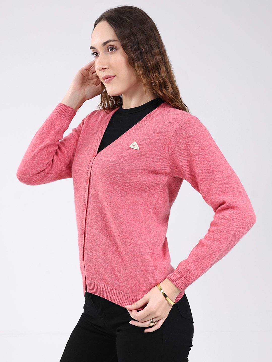 Women Pink Solid V Neck Full Sleeve Cardigan