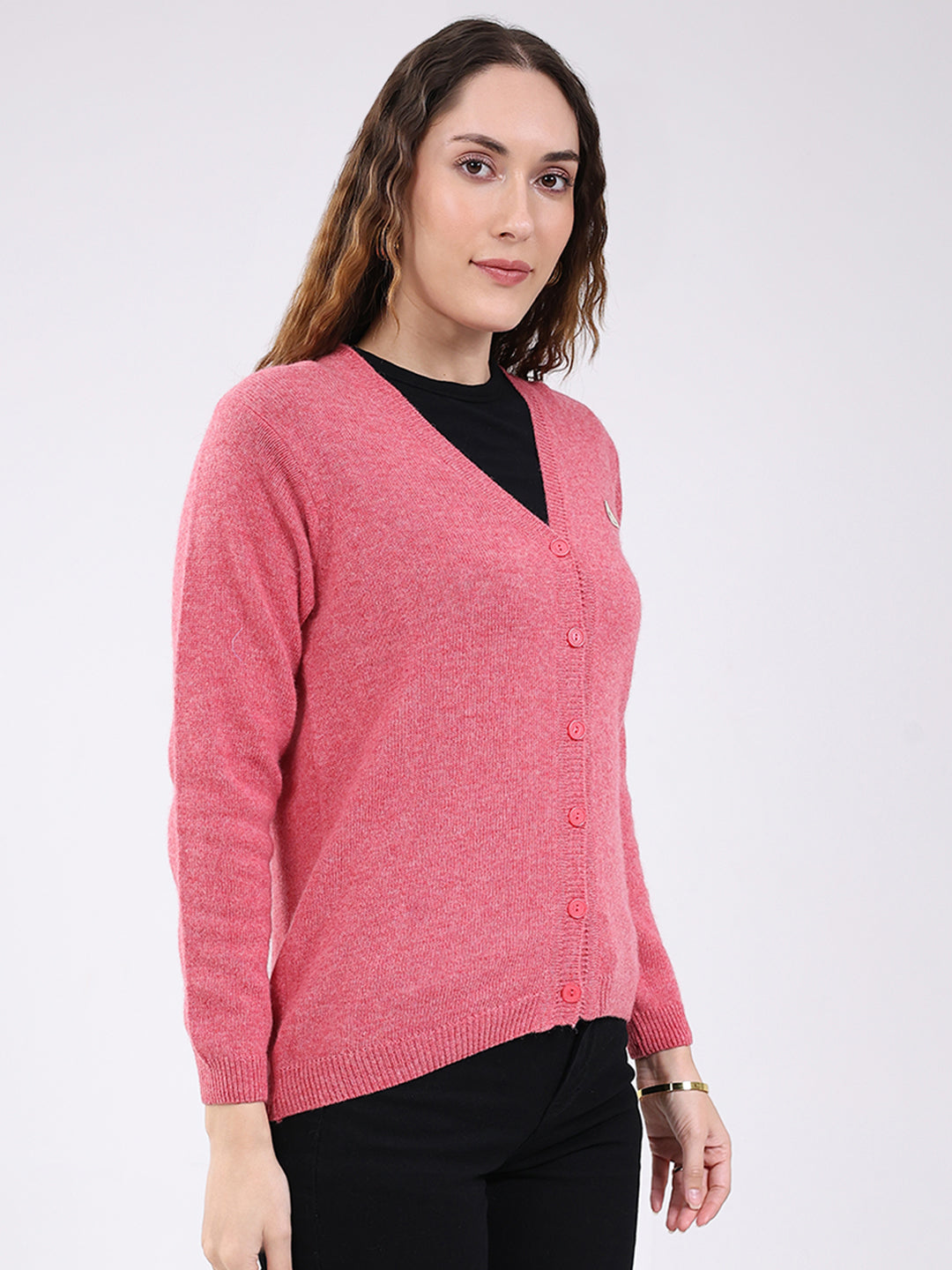 Women Pink Solid V Neck Full Sleeve Cardigan