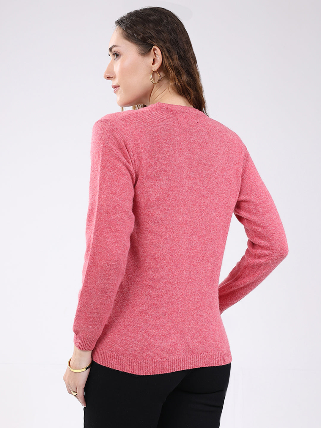 Women Pink Solid V Neck Full Sleeve Cardigan