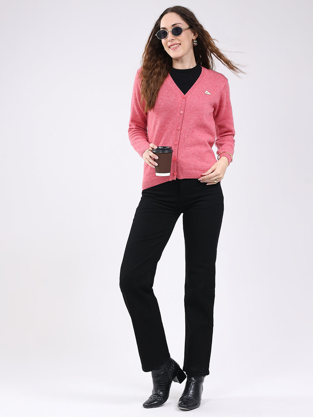 Women Pink Solid V Neck Full Sleeve Cardigan