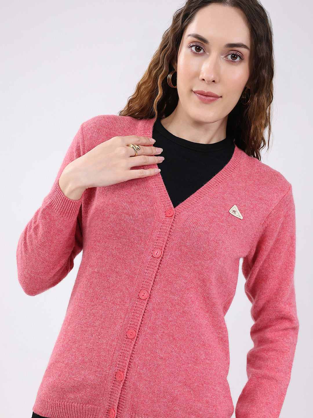 Women Pink Solid V Neck Full Sleeve Cardigan