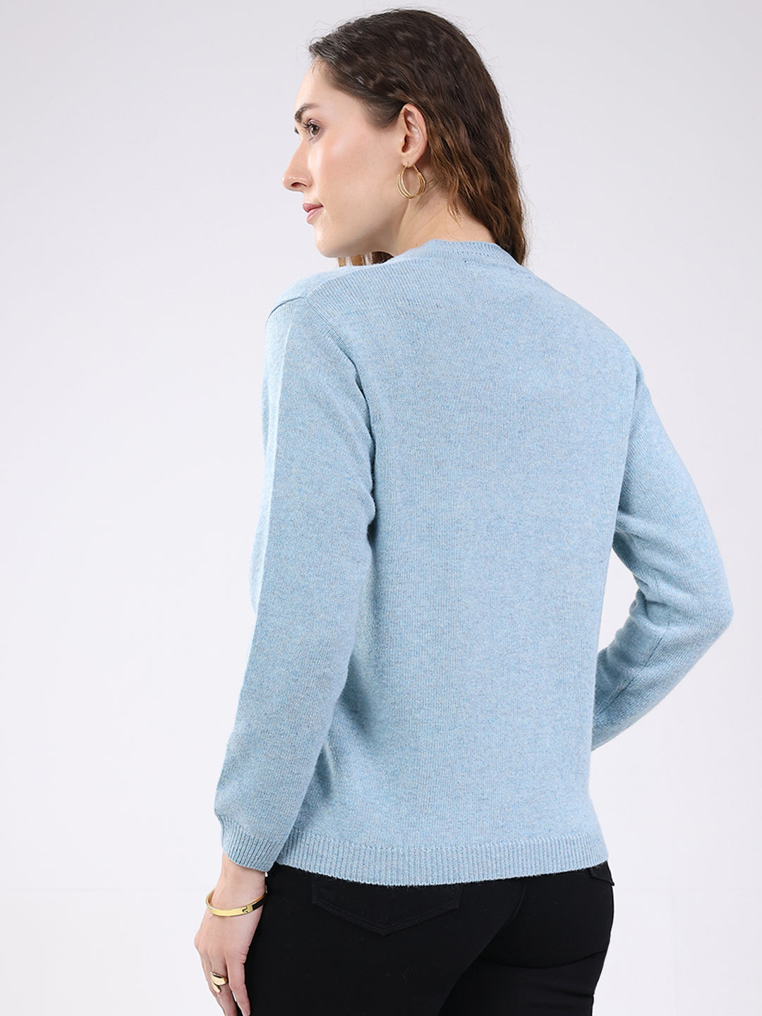 Women Light Blue Solid V Neck Full Sleeve Cardigan