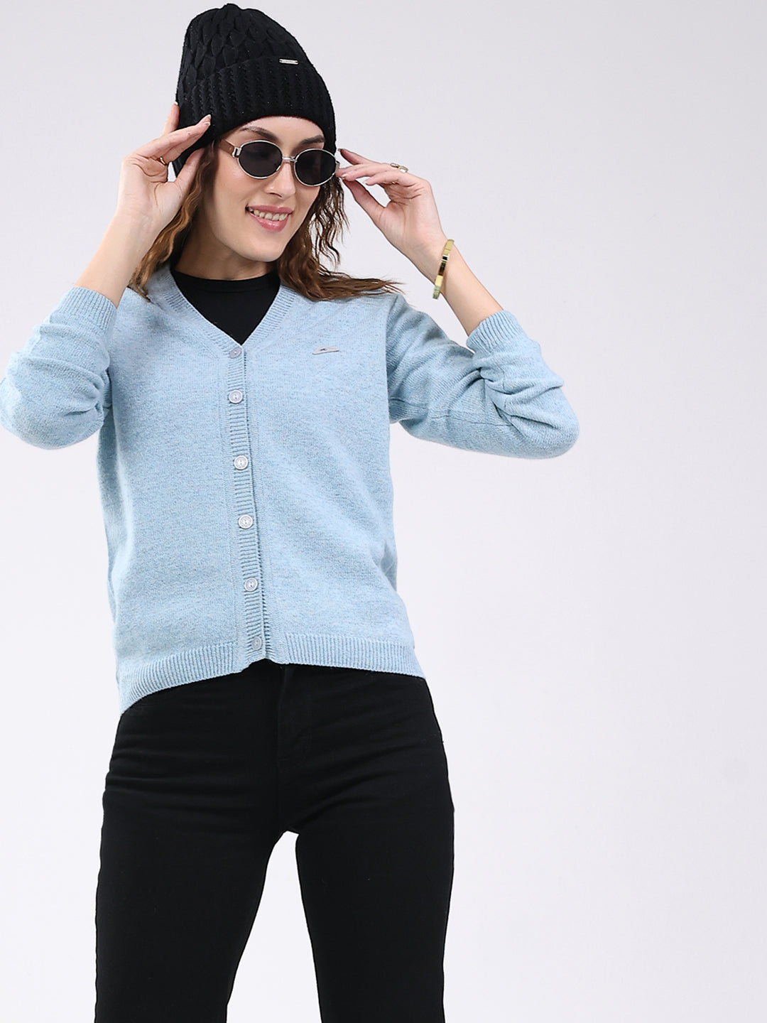 Women Light Blue Solid V Neck Full Sleeve Cardigan