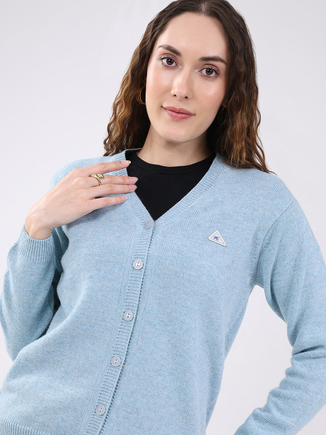 Women Light Blue Solid V Neck Full Sleeve Cardigan