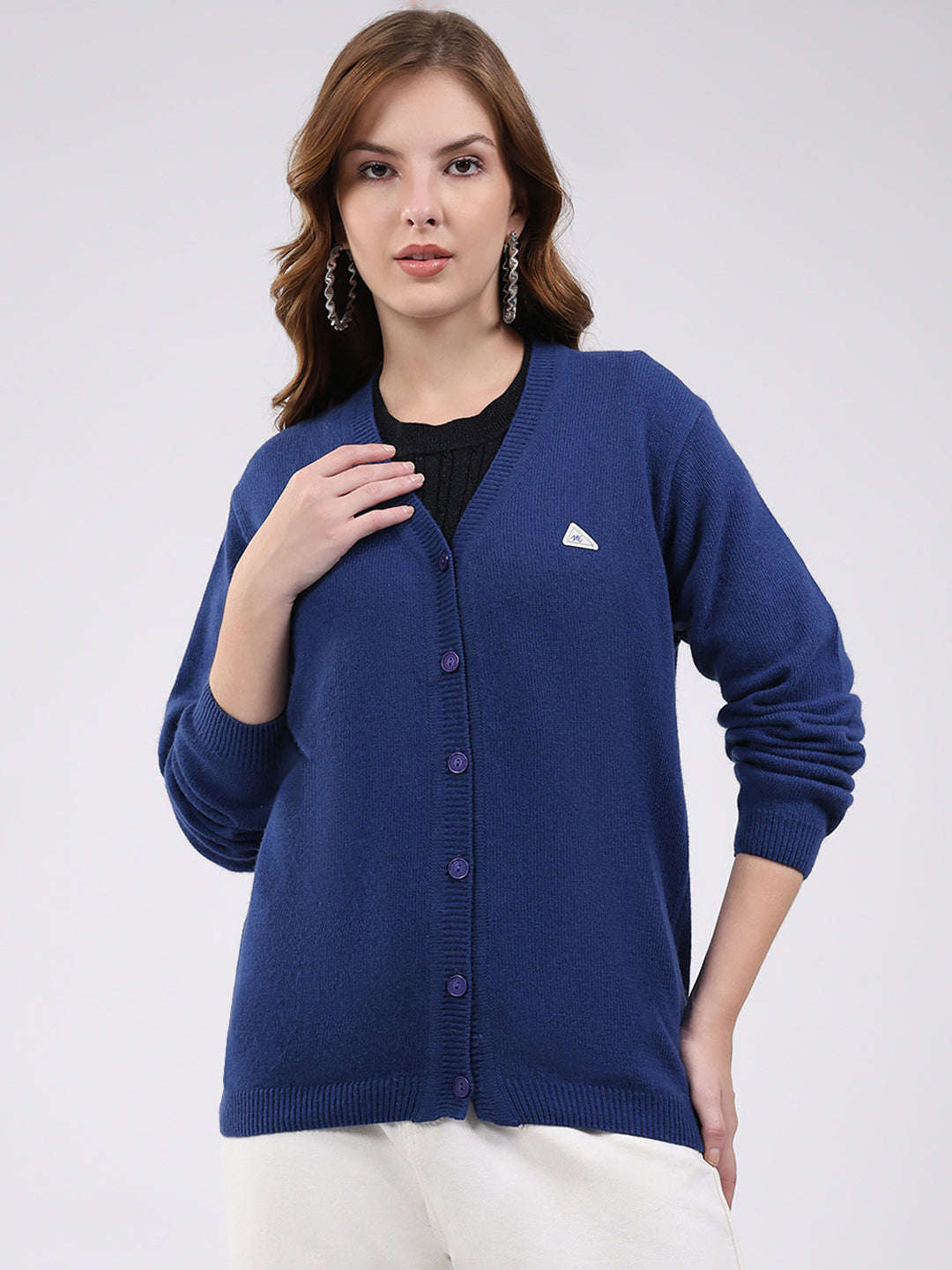 Women Blue Solid V Neck Full Sleeve Cardigan