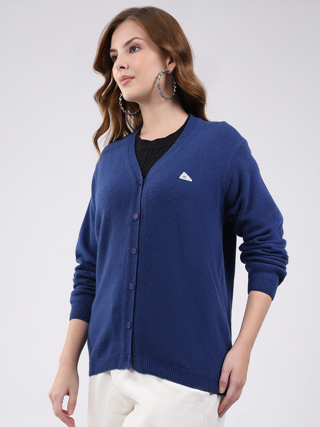 Women Blue Solid V Neck Full Sleeve Cardigan