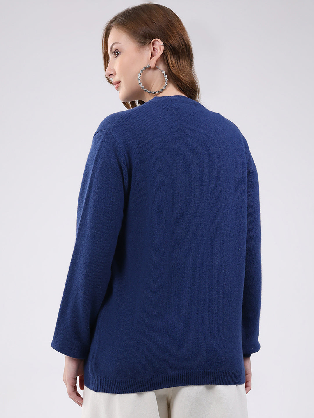 Women Blue Solid V Neck Full Sleeve Cardigan