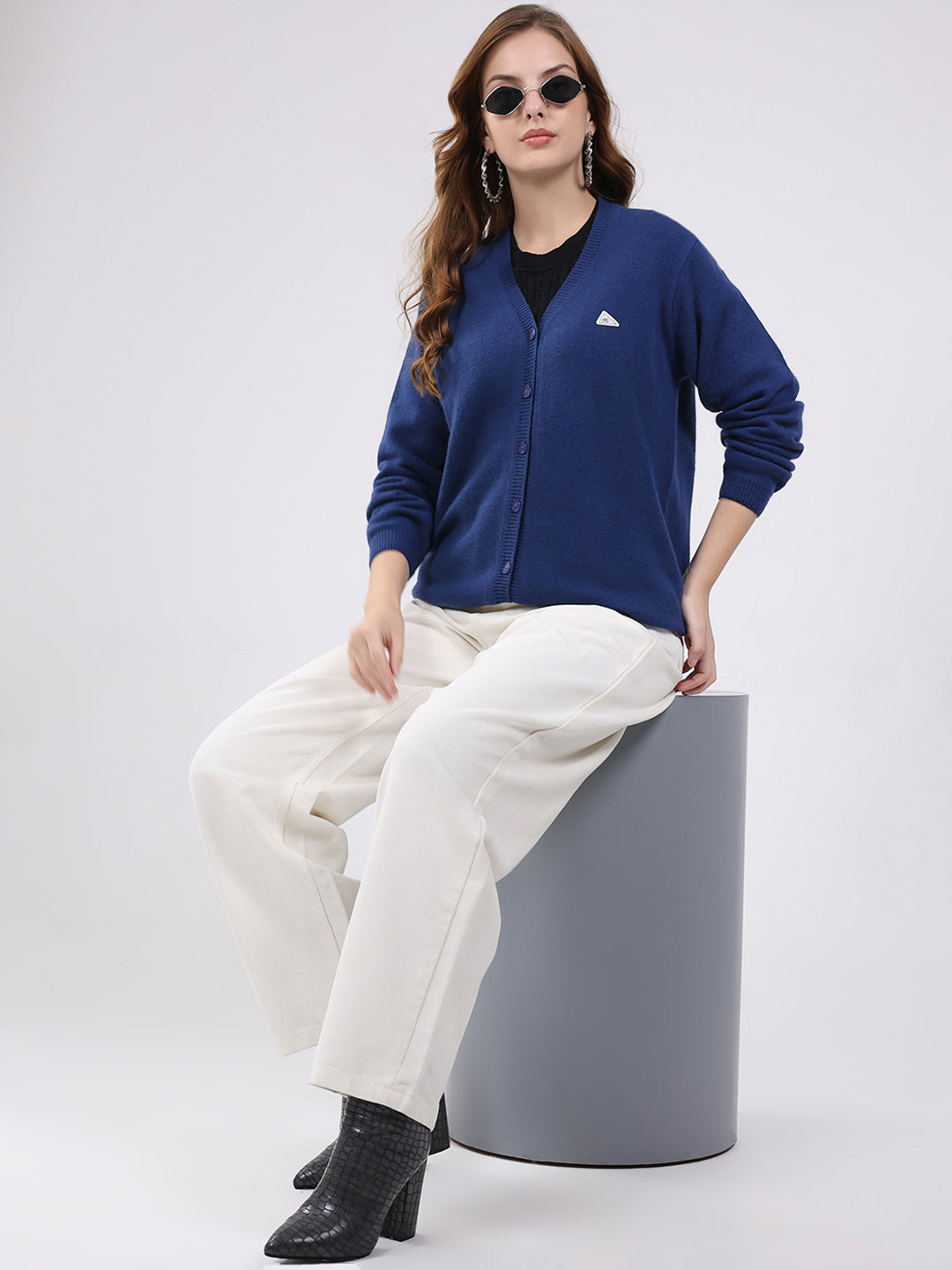 Women Blue Solid V Neck Full Sleeve Cardigan