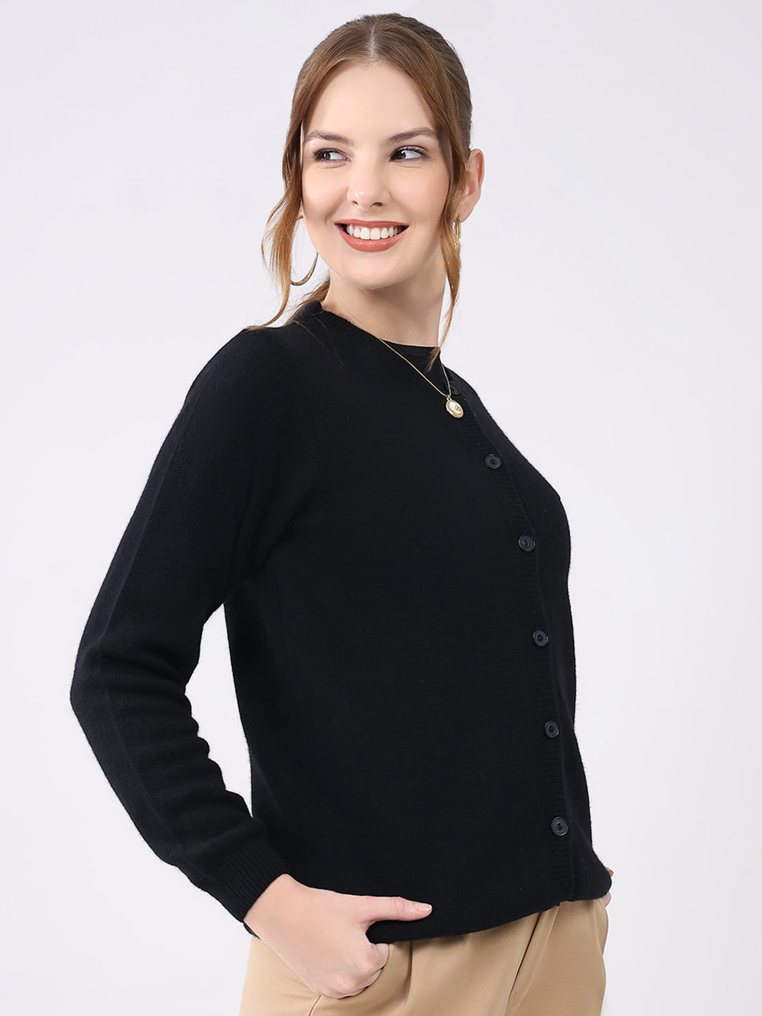 Women Black Solid Round Neck Full Sleeve Cardigan