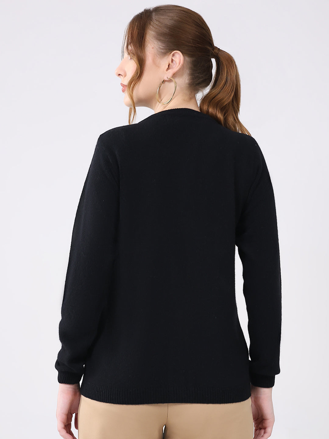 Women Black Solid Round Neck Full Sleeve Cardigan