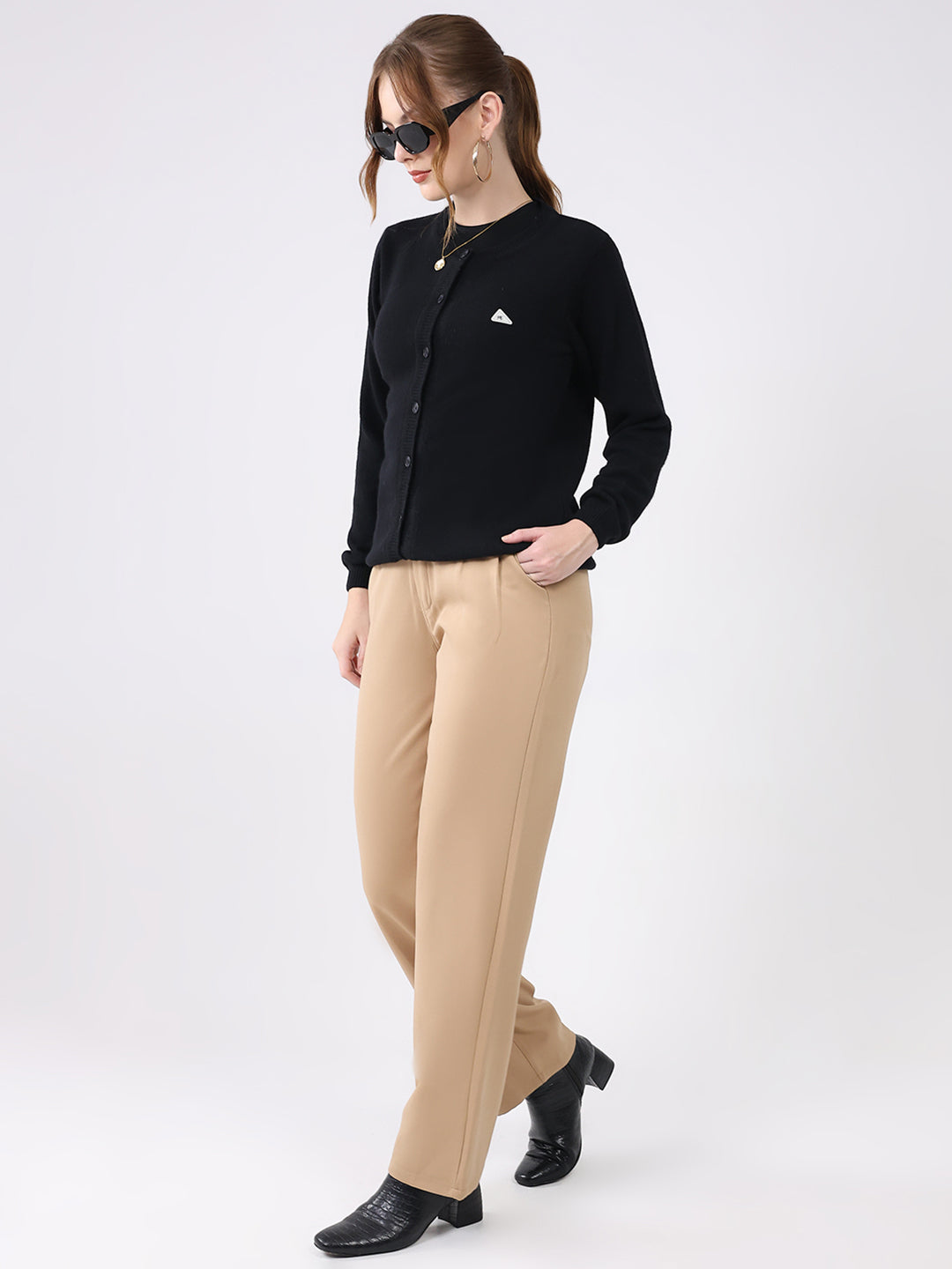 Women Black Solid Round Neck Full Sleeve Cardigan